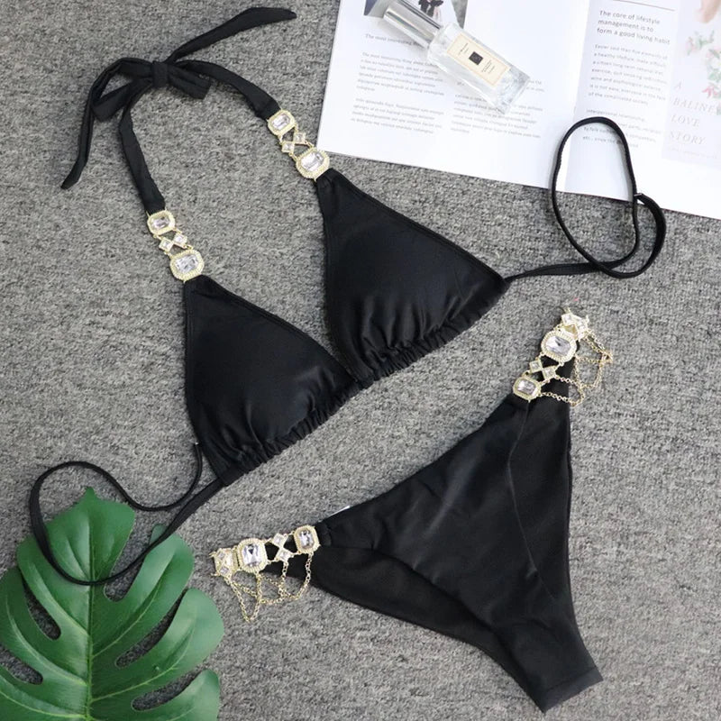 Catene di metallo con scollo all'americana Strass Diamante Bikini Costume da bagno donna Costumi da bagno femminili Due pezzi Bikini set Costume da bagno brasiliano Swim
