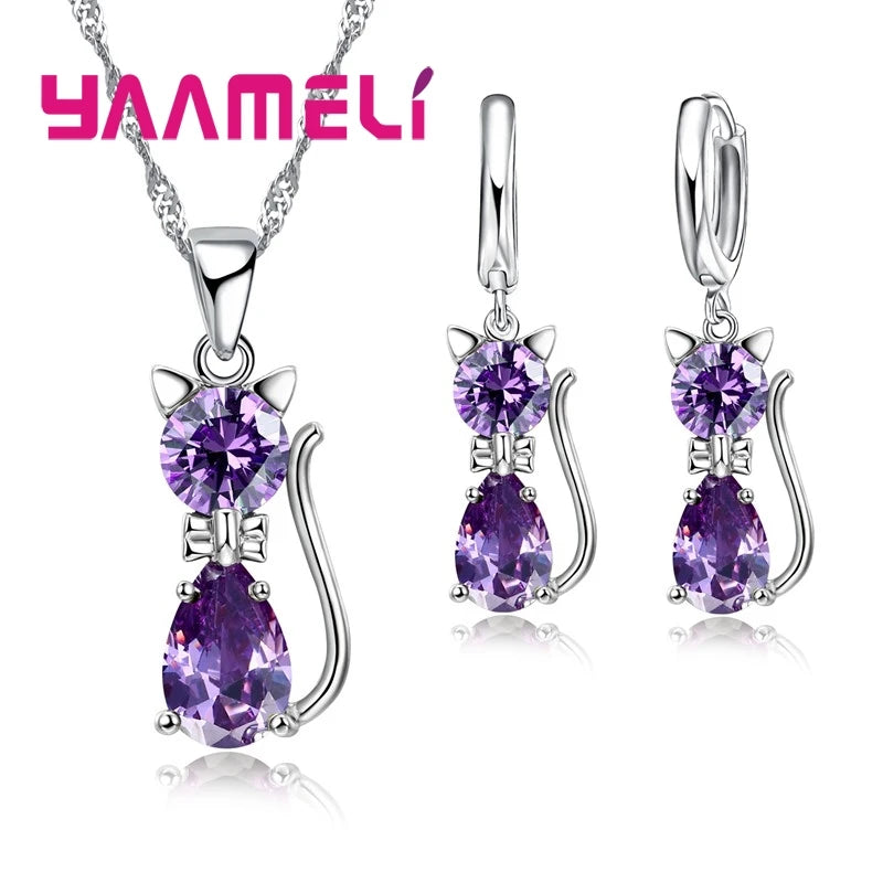 Real 925 Sterling Silver Color Jewelry Sets for Women Girls Shining Austrian Crystal Cute Cat Pendant Necklace Huggie Earring
