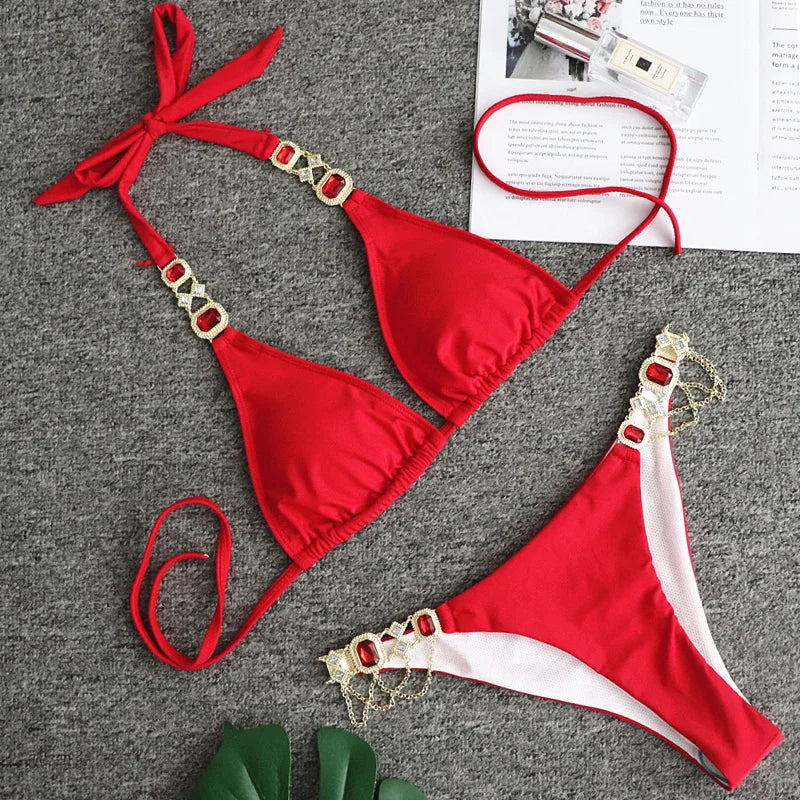 Catene di metallo con scollo all'americana Strass Diamante Bikini Costume da bagno donna Costumi da bagno femminili Due pezzi Bikini set Costume da bagno brasiliano Swim