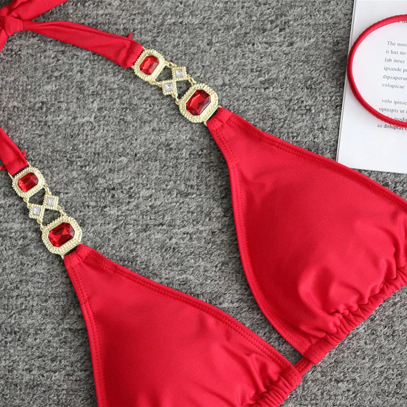 Catene di metallo con scollo all'americana Strass Diamante Bikini Costume da bagno donna Costumi da bagno femminili Due pezzi Bikini set Costume da bagno brasiliano Swim