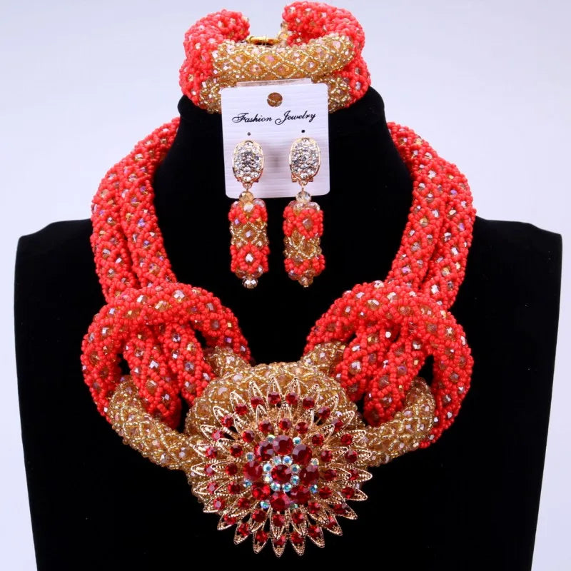 Luxury Costume African Jewelry Sets Gold Color Nigerian Wedding Beads For Bride Women 2018 Bridal Jewelry Necklace