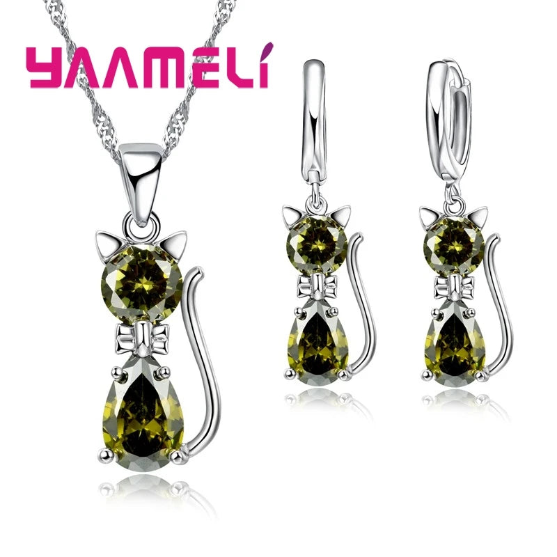 Real 925 Sterling Silver Color Jewelry Sets for Women Girls Shining Austrian Crystal Cute Cat Pendant Necklace Huggie Earring