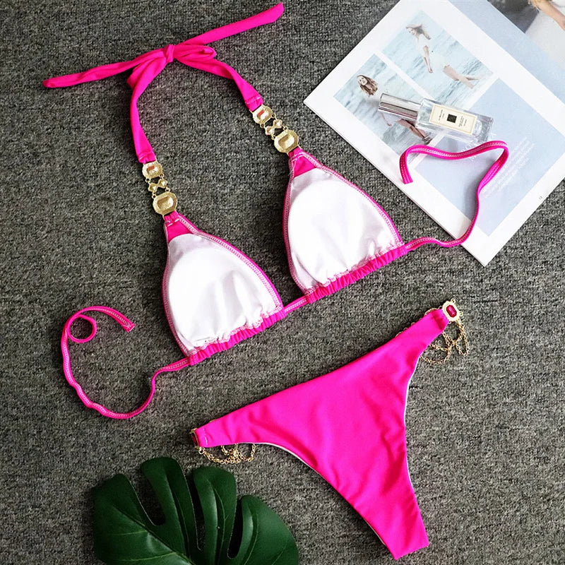 Catene di metallo con scollo all'americana Strass Diamante Bikini Costume da bagno donna Costumi da bagno femminili Due pezzi Bikini set Costume da bagno brasiliano Swim