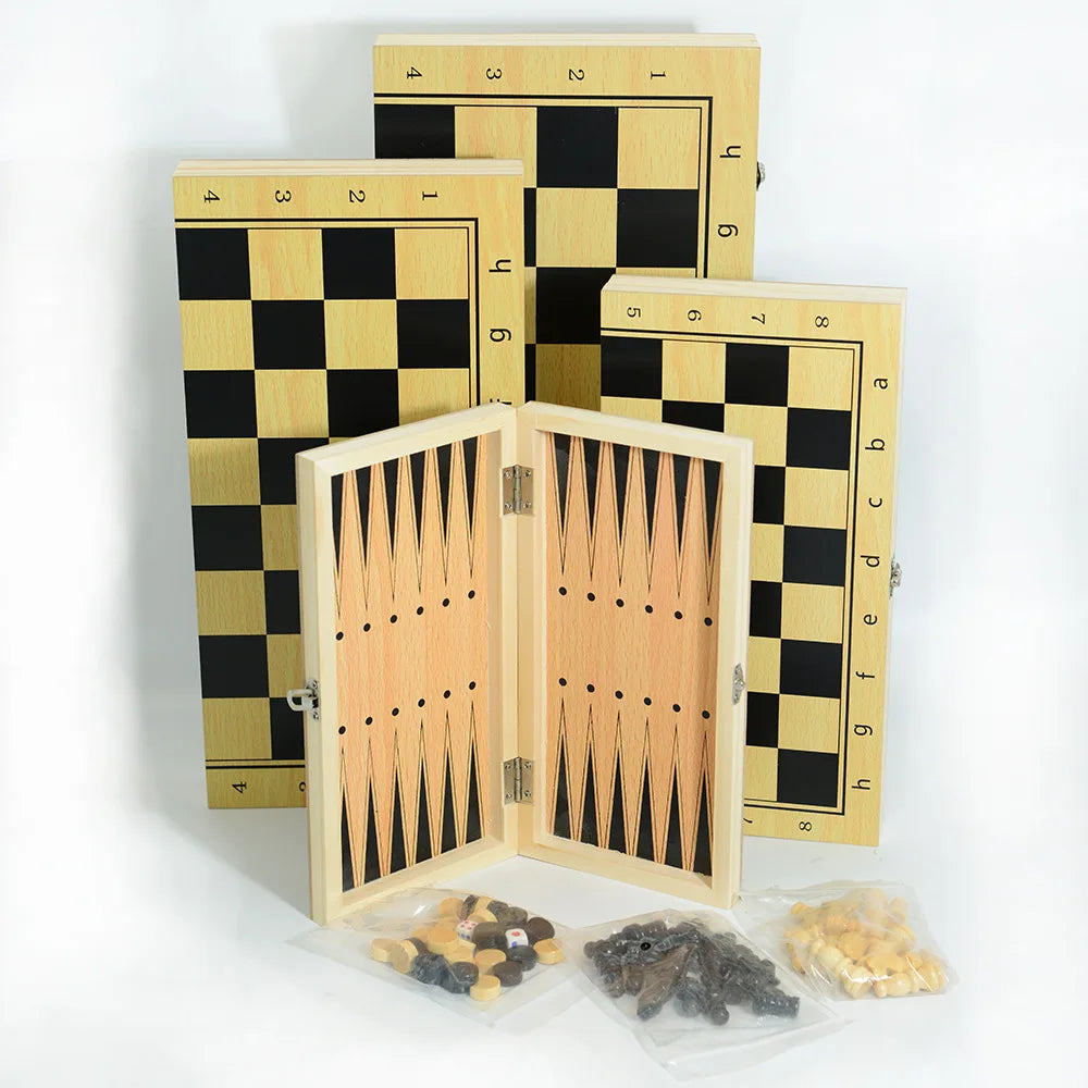 Three-in-one Wooden Chess Solid Wood Set Foldable Portable Competitive Parent-child Interactive Educational Toys