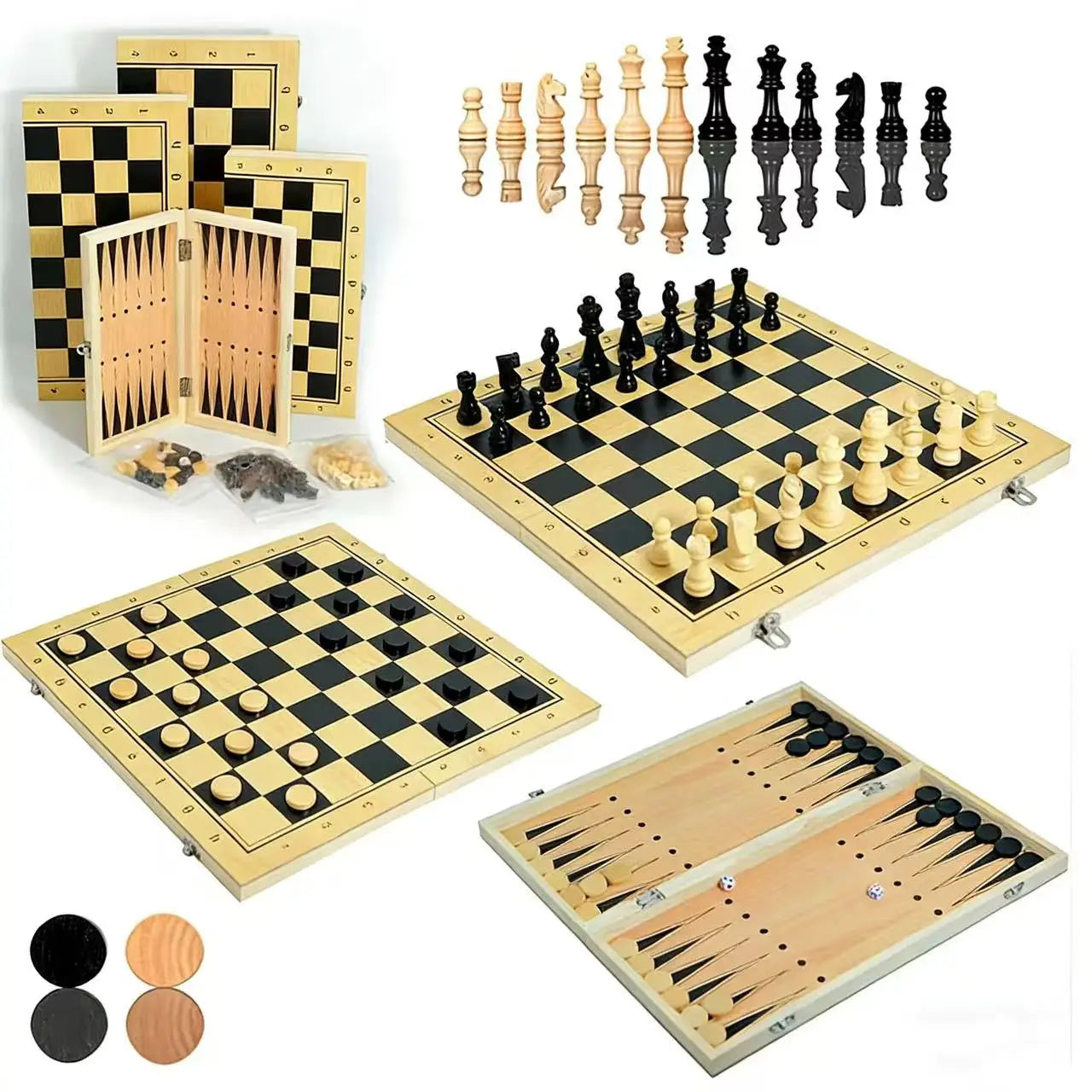 Three-in-one Wooden Chess Solid Wood Set Foldable Portable Competitive Parent-child Interactive Educational Toys