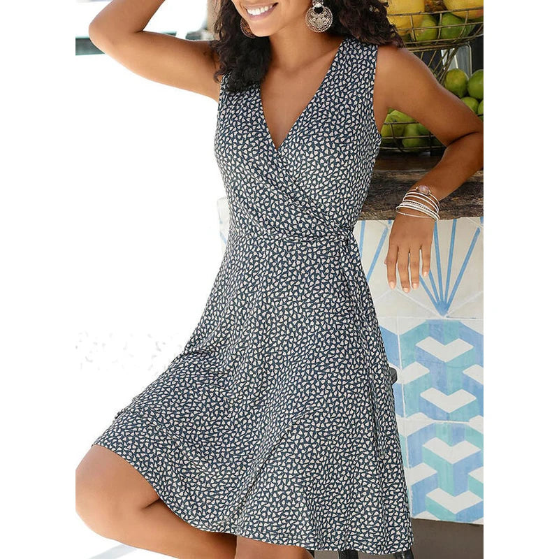 Nuovo vestito casuale a pois donne scollo a V senza maniche fasciatura vestito da spiaggia estate abiti bohémien per le donne vestiti S-5XL