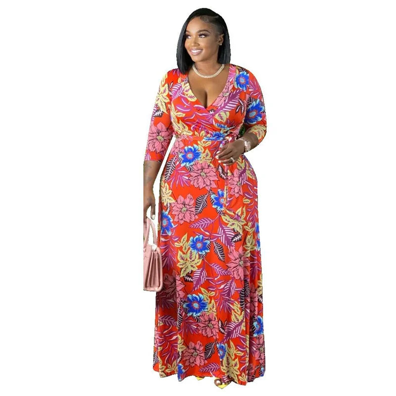 5xl Plus Size abiti abbigliamento donna elegante autunno Maxi abito floreale con fusciacca abito manica lunga da donna Dropshipping all'ingrosso