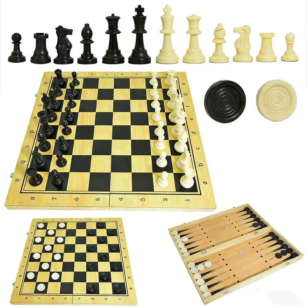 Three-in-one Wooden Chess Solid Wood Set Foldable Portable Competitive Parent-child Interactive Educational Toys