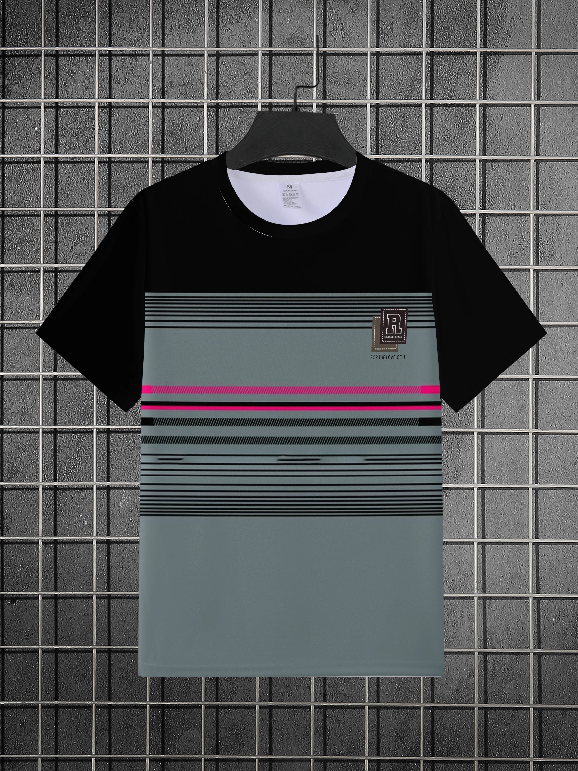 Casual Printed Geometric Striped Men's T-shirt Custom Logo Wholesale 100% Polyester Anti-pilling Digital Printing T-Shirt