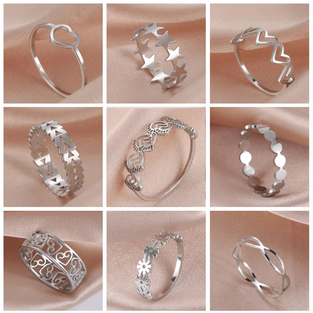 Skyrim Anello da donna in acciaio inossidabile Semplice cuore Farfalla Fasi lunari Anelli da dito geometrici Regalo di nozze per l'amante Commercio all'ingrosso