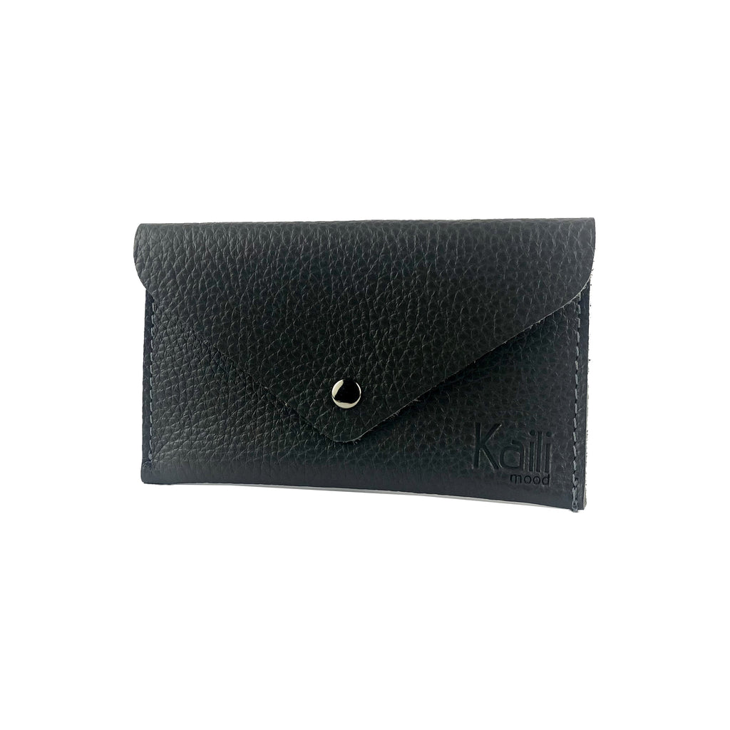 Pochette Kaili Con Patta In Pelle Pieno Grano Nera Made In Italia 13x8cm
