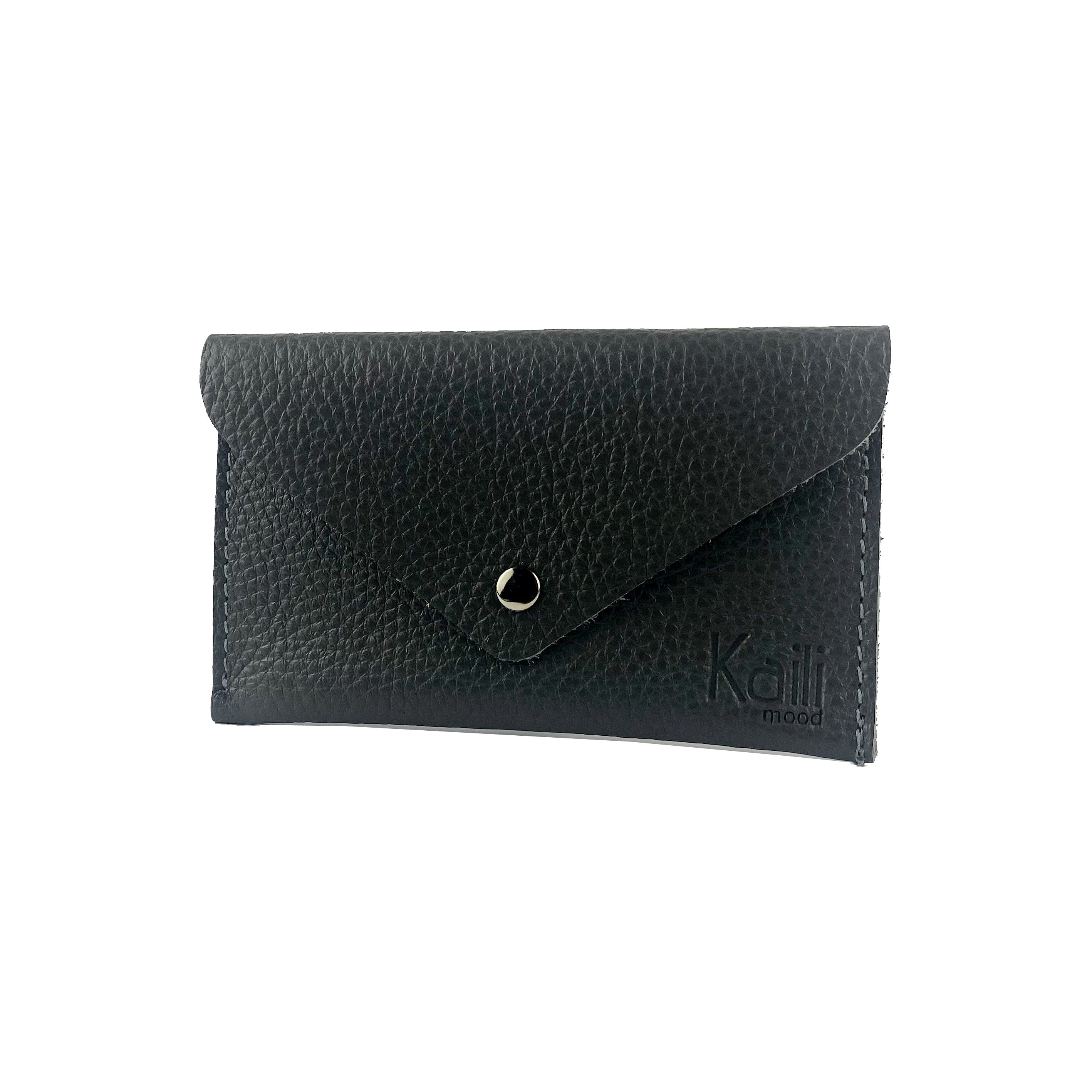 Pochette Kaili Con Patta In Pelle Pieno Grano Nera Made In Italia 13x8cm