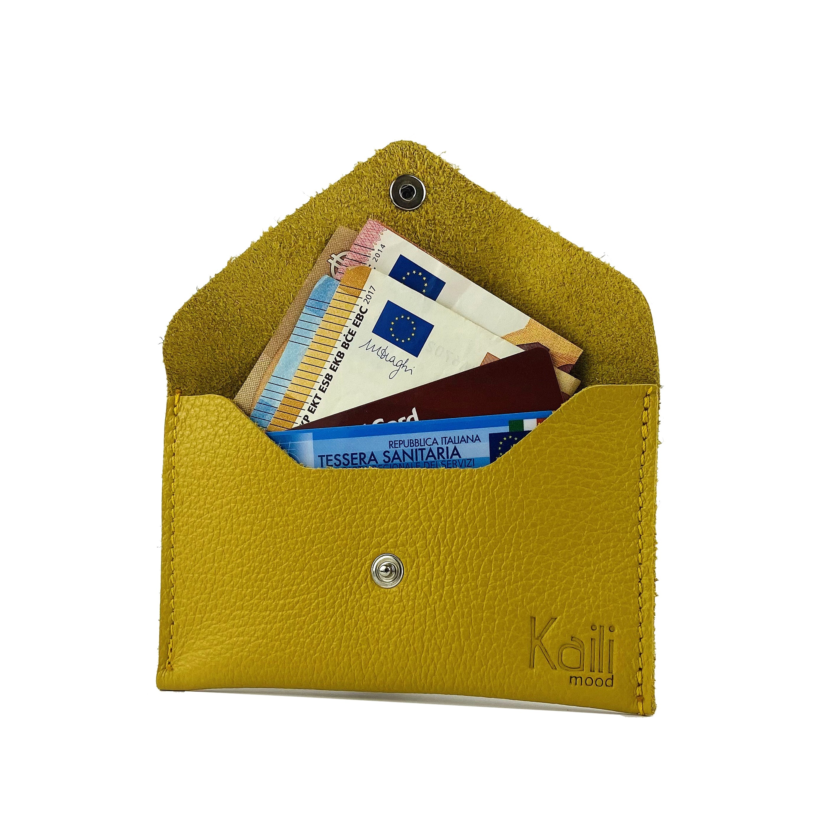 Custodia Flap In Vera Pelle Pieno Grano Dollar Giallo 13x8 Cm Con Scatola Regalo