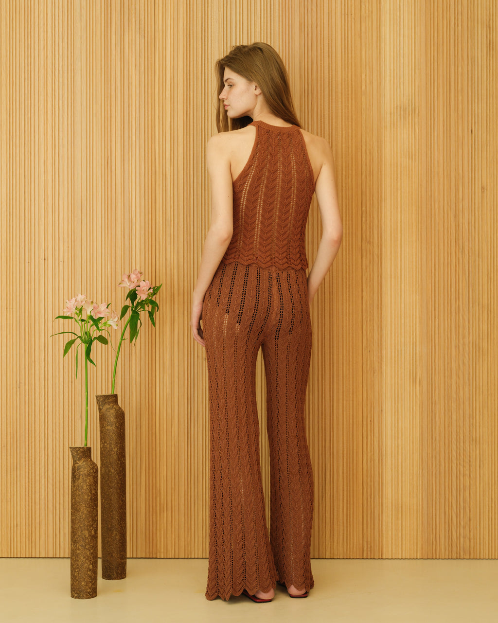 Pantaloni A Gamba Larga In Cotone Uncinetto Motivo Zigzag Certificato OEKO TEX