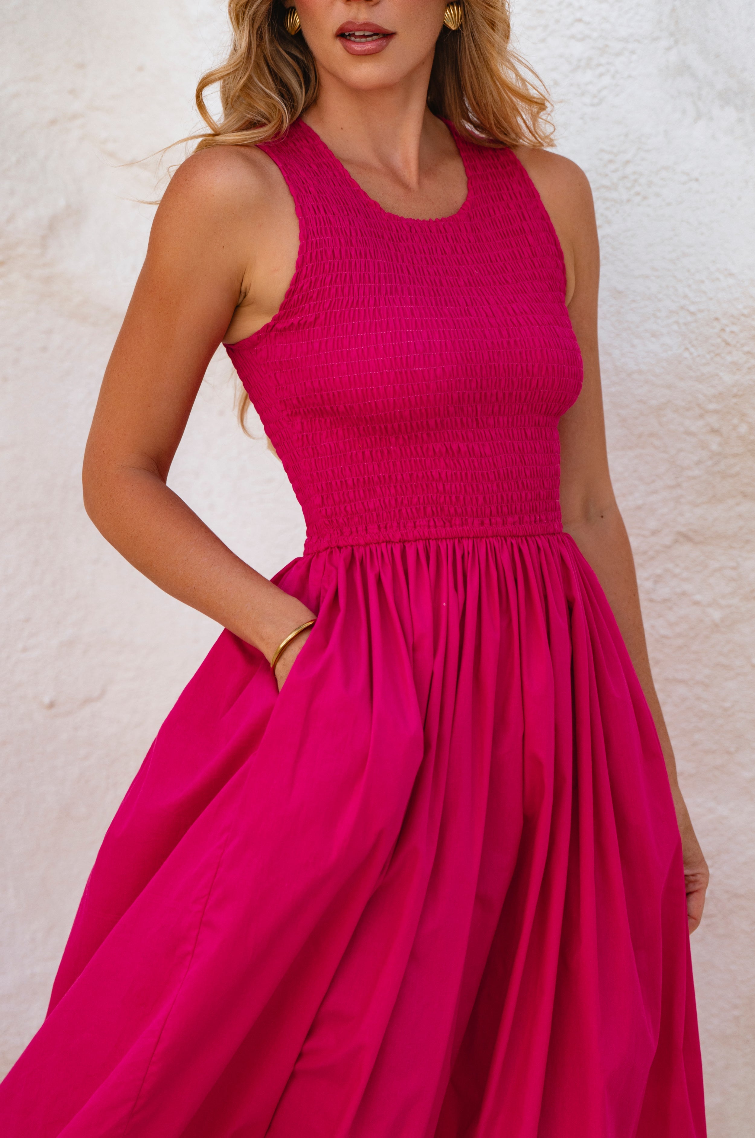 Abito Midi Lucciola In Cotone Puro Con Corpetto A Smocking E Tasche Laterali