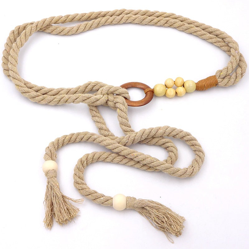 Ethnic Style Retro Belt Accessories High-End Yellow Women's Decoration with Skirt Knotted Braided Hemp Rope Waist Rope Tie