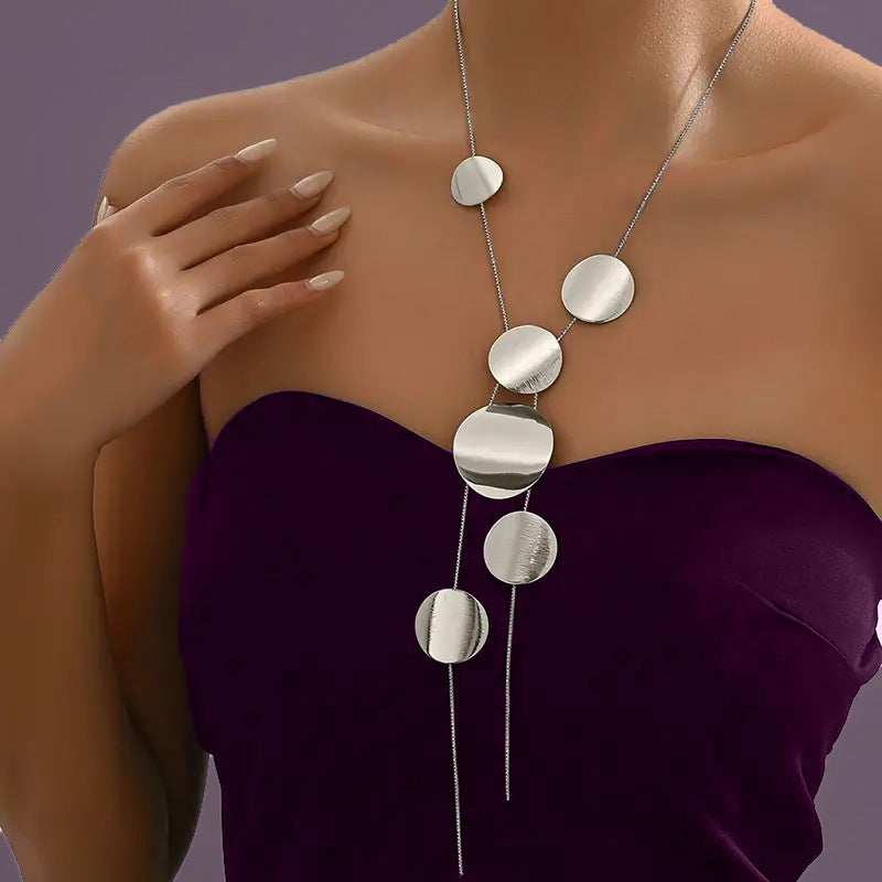 European and American Cross-border All-match Women's Long Necklace Trendy Temperament Jewelry Round Pieces Hollow Geometric Chain Necklace