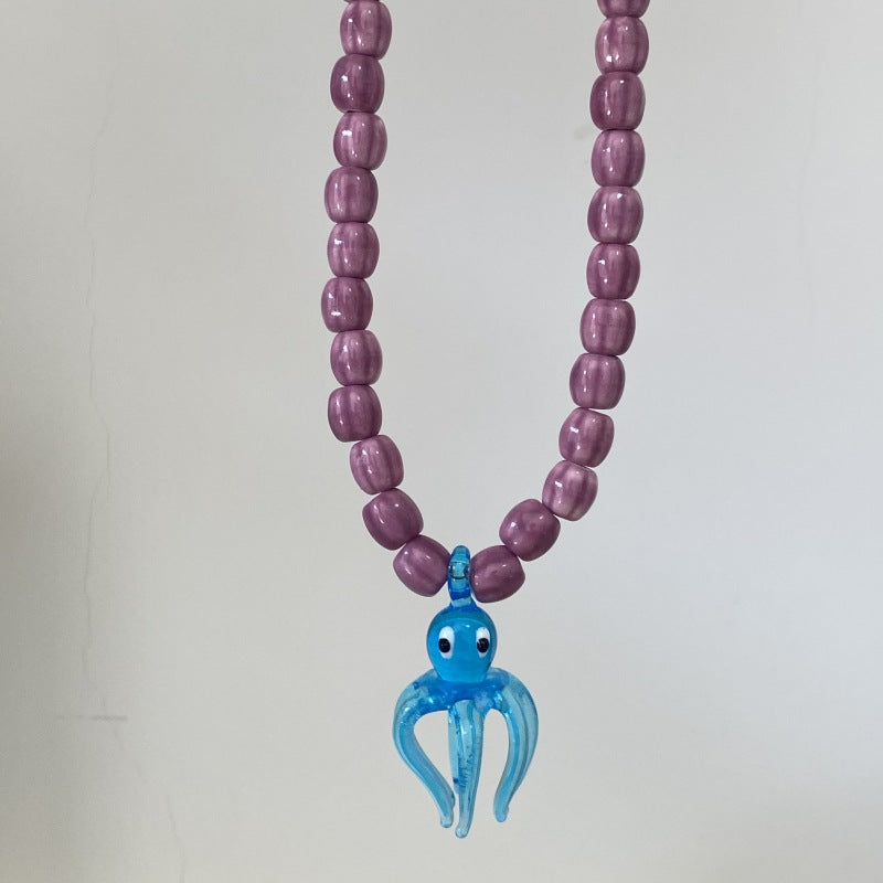 Glass Octopus Pendant Necklace European and American Niche Design Stylish Island Resort Style Fashion Ceramic Beaded Clavicle Chain