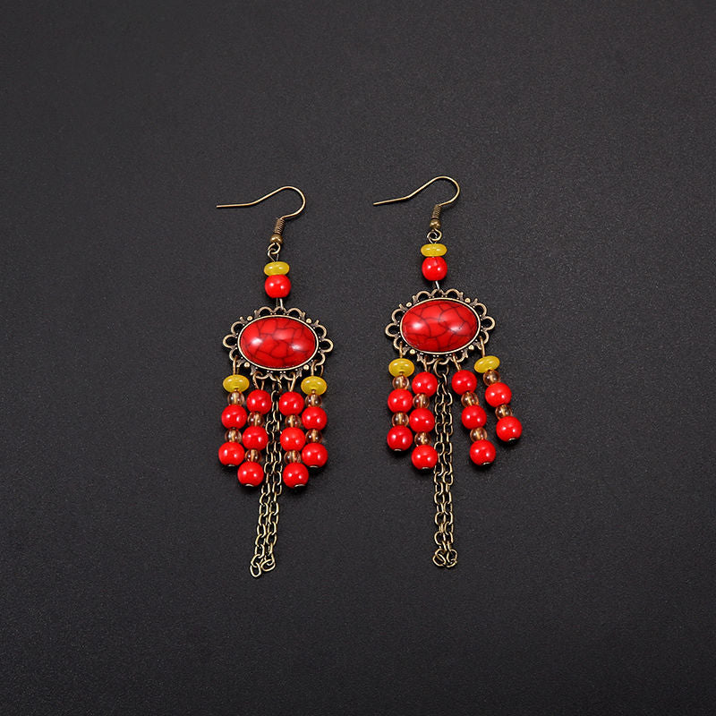 Bohemian Turquoise Earrings European and American Retro Owl Geometric Dreamcatcher Feather Tassel Earrings Women