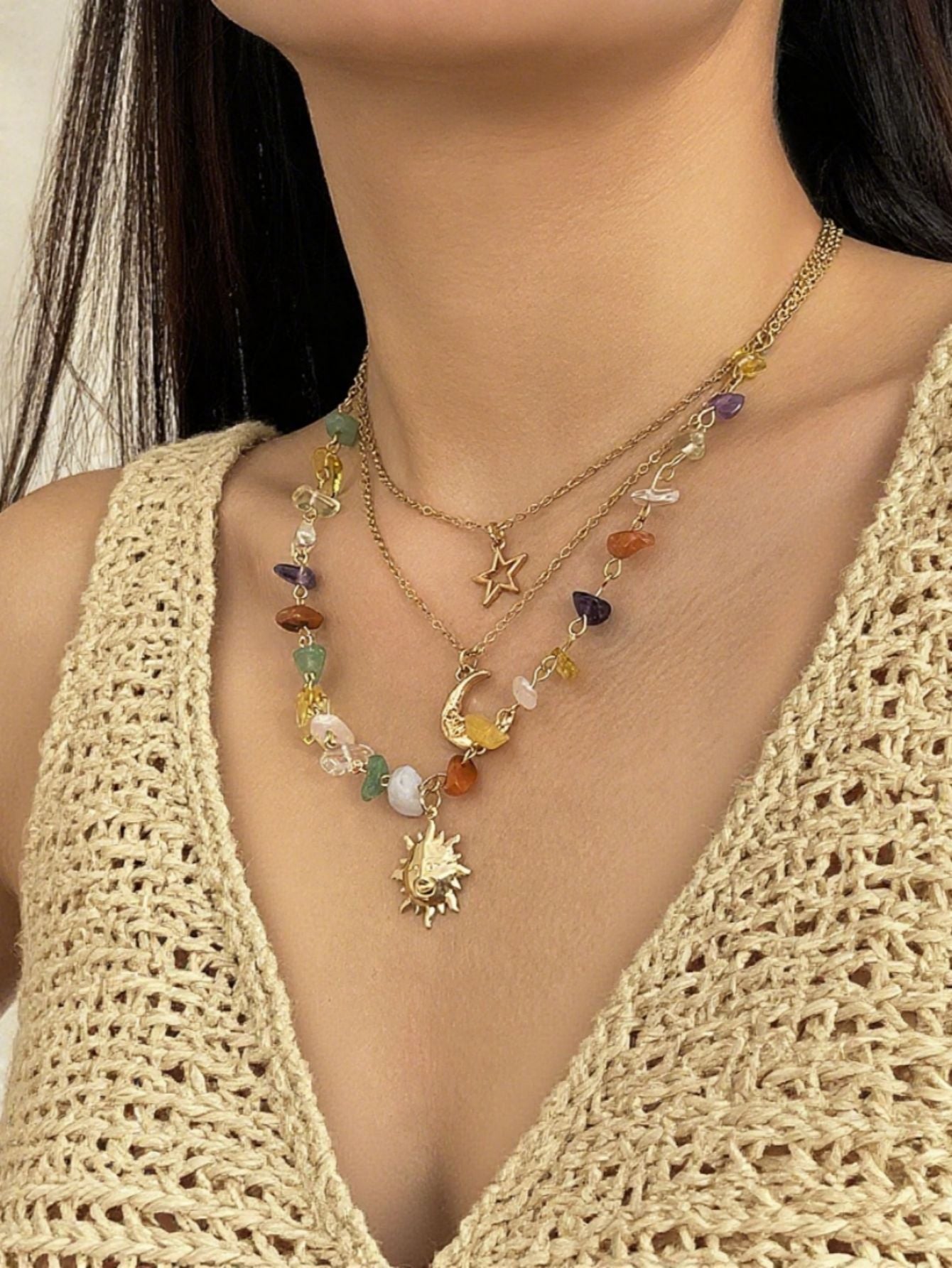 European and American Cross-Border Colorful Asymmetrical Gravel Beaded Necklace for Women, Sweet and Cool Moon and Sun Stacked Neck Necklace Jewelry