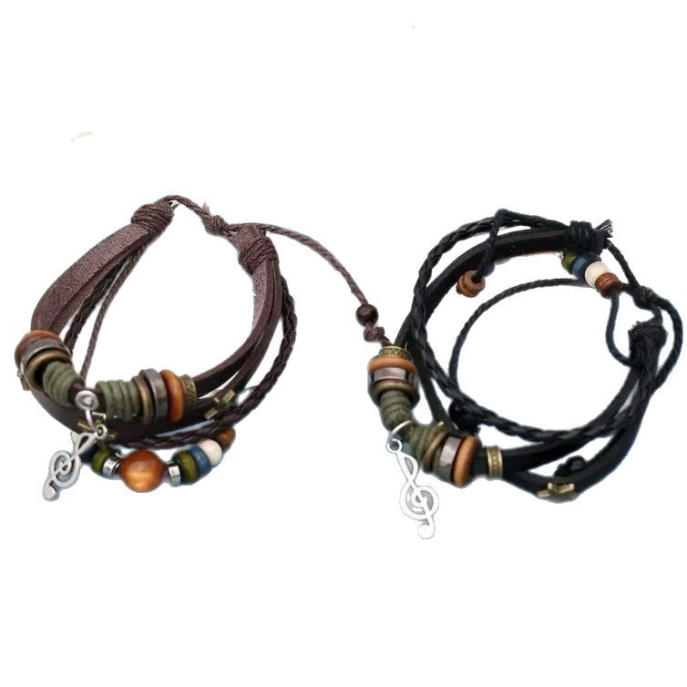 New Chinese Style Braided Leather Star Beaded Note Bracelet Retro Ethnic Style Exotic Stylish Niche Hand Jewelry