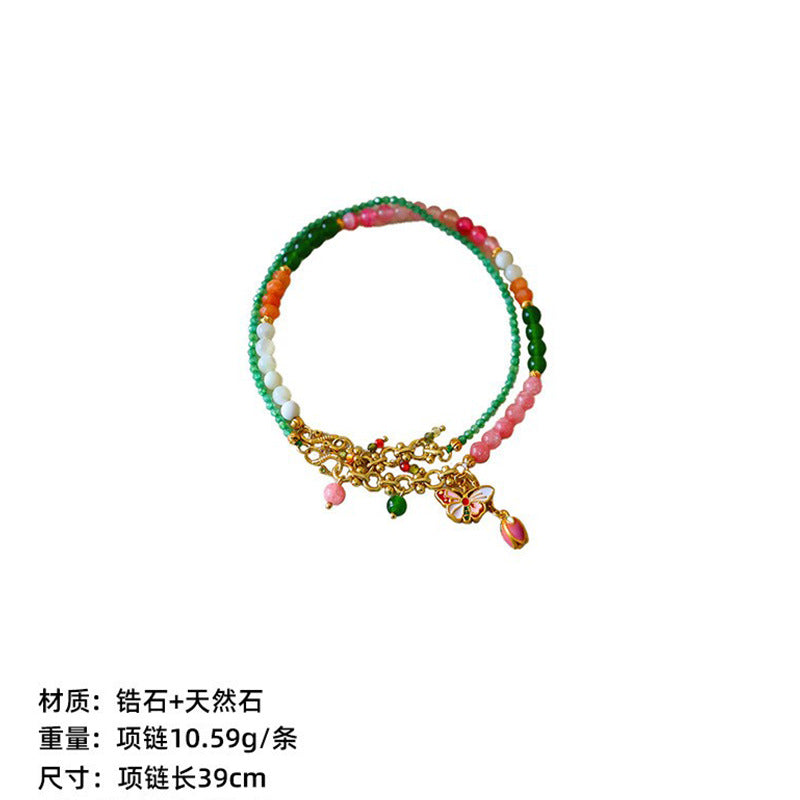 New Chinese Color Oil Dropping Enamel Natural Stone Beaded Necklace Entry Luxury High Fashion Exquisite All-match Clavicle Chain for Women