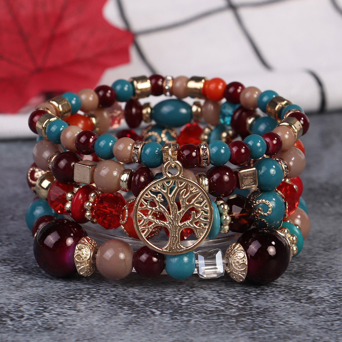 Cross-Border Popular 4-Piece Set of Bohemian Retro Style Multi-Layer Beaded Bracelets with Tree of Life Pendant Wholesale