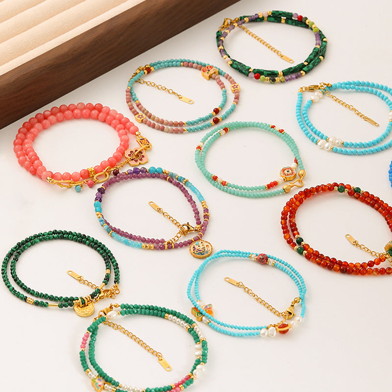 New Chinese Color Oil Dropping Enamel Natural Stone Beaded Necklace Entry Luxury High Fashion Exquisite All-match Clavicle Chain for Women
