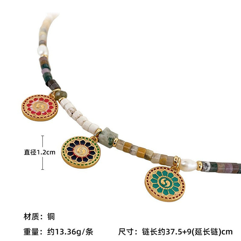 New Chinese Color Oil Dropping Enamel Natural Stone Beaded Necklace Entry Luxury High Fashion Exquisite All-match Clavicle Chain for Women