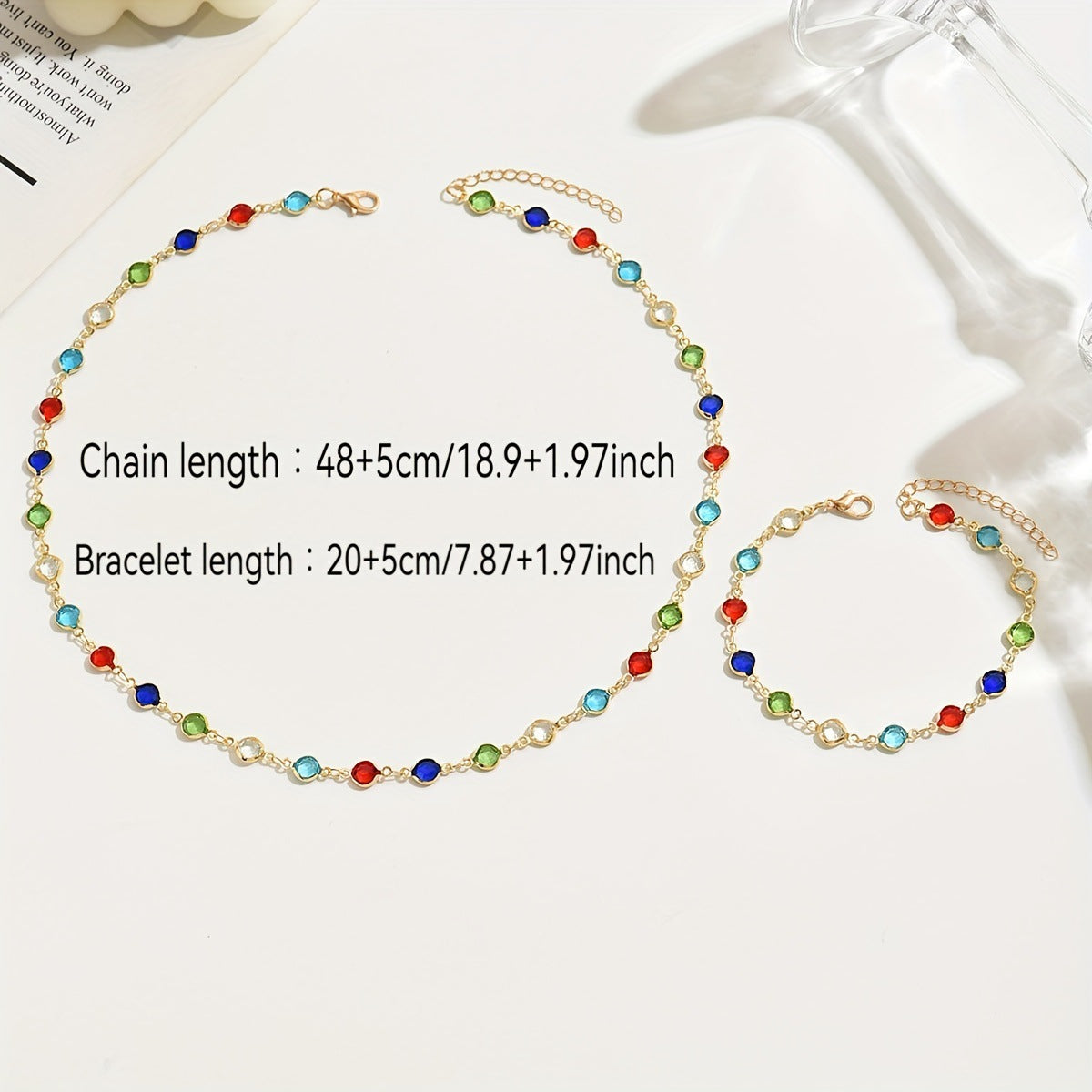 Cross-border Hot-selling Fashion Color Rhinestone Necklace Bracelet Two-piece Light Luxury Niche High-grade Color Zircon Clavicle Chain