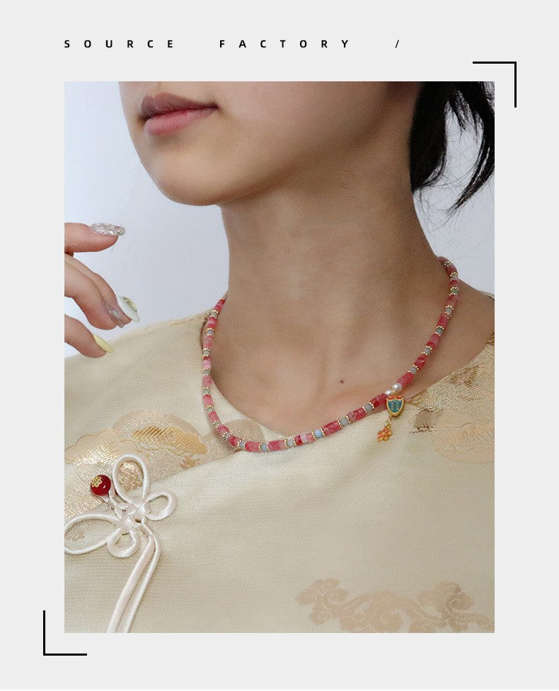 New Chinese Color Oil Dropping Enamel Natural Stone Beaded Necklace Entry Luxury High Fashion Exquisite All-match Clavicle Chain for Women