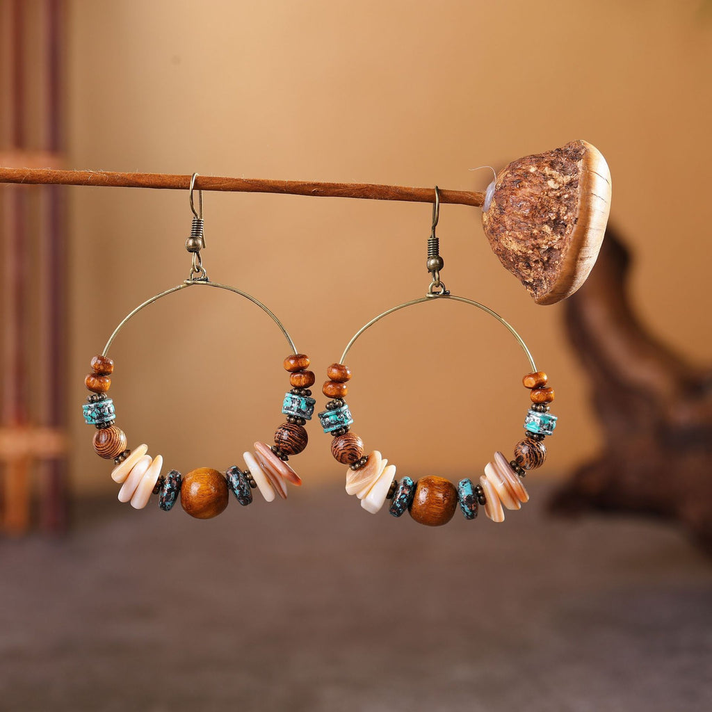 Cross-Border Ethnic Style Retro Irregular Wooden Beads Handmade Beaded Hoop Earrings Holiday Style Earrings with Versatile Temperament