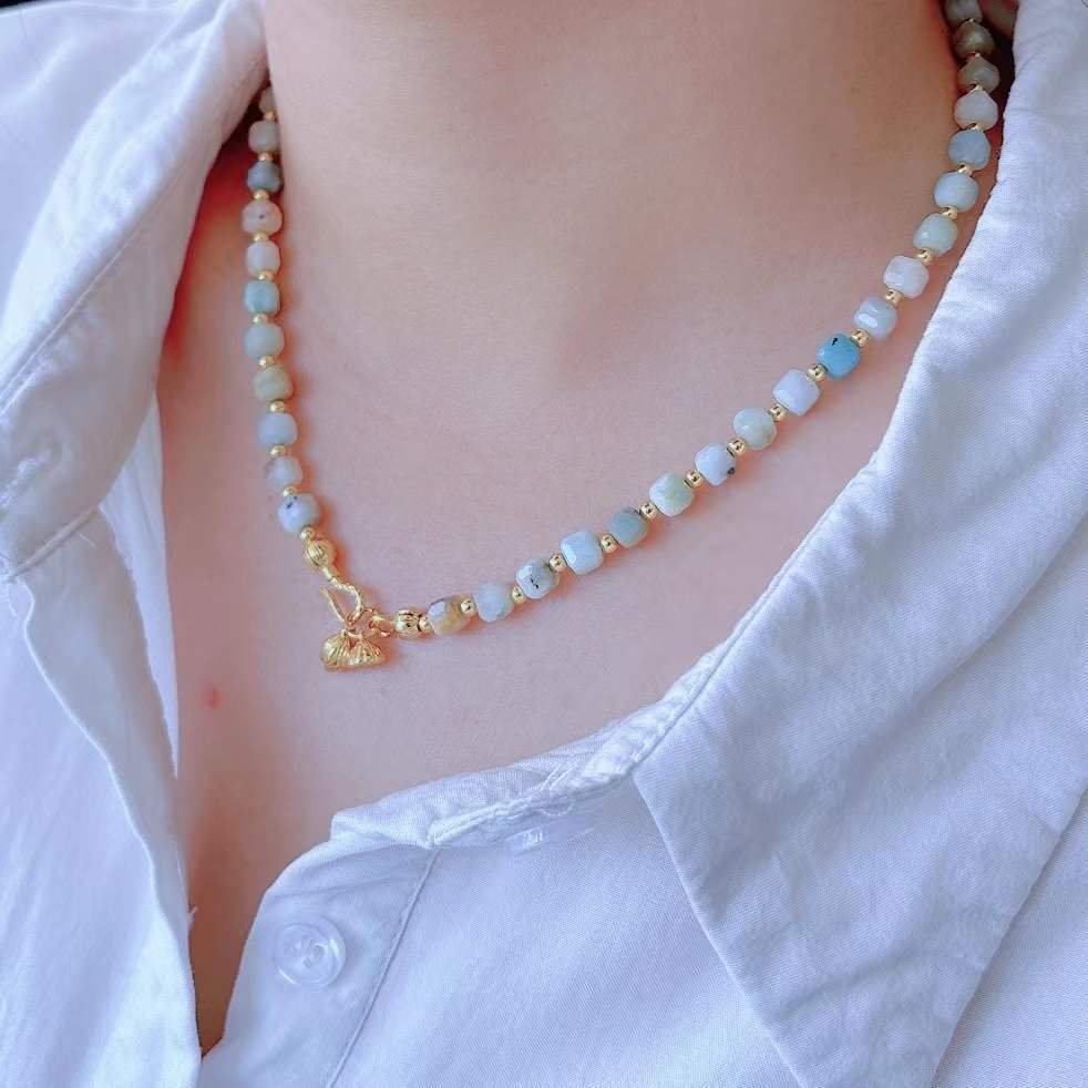 European and American Color Natural Stone Necklace Handmade Beaded Light Luxury Niche Qingdao Foreign Trade Advanced Accessories Clavicle Chain