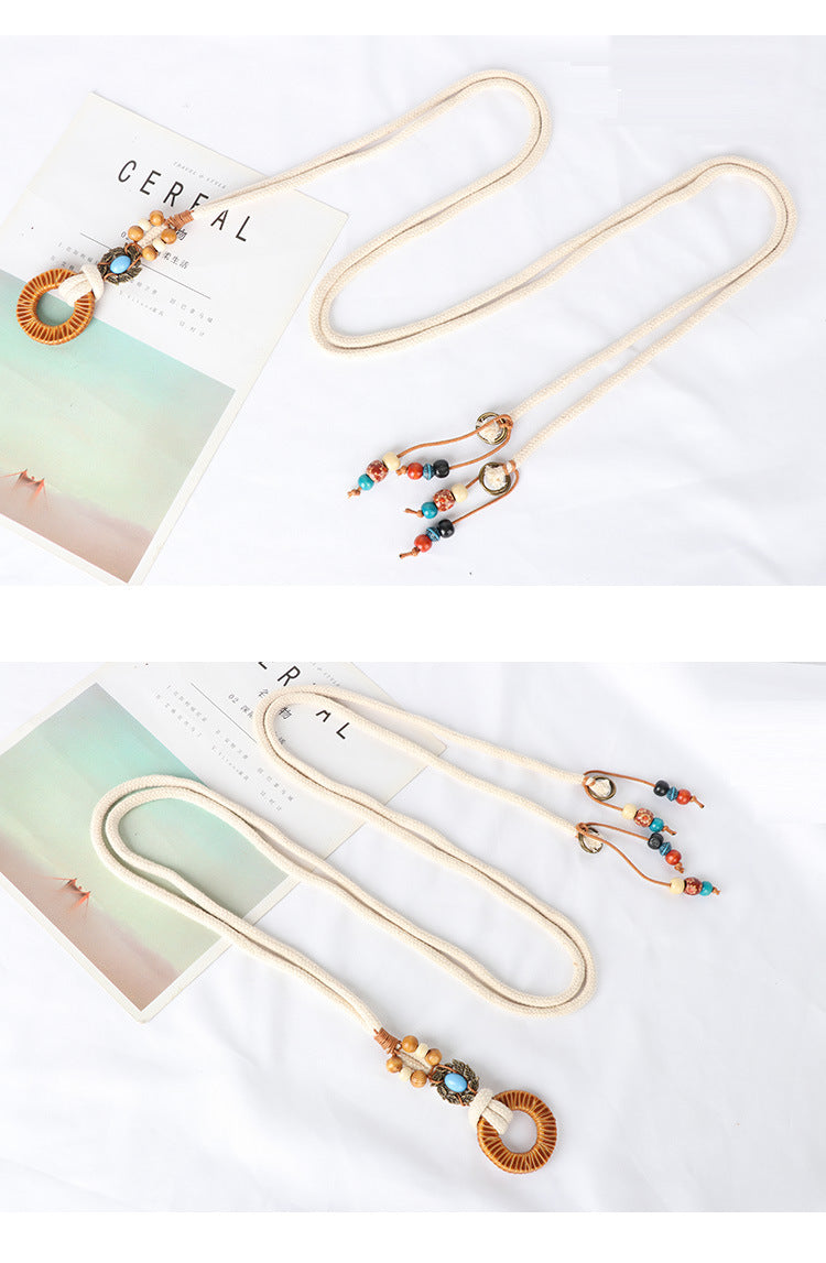Cotton Rope Belt Women's High-end Retro Accessories Decorative Dress Ethnic Waist Rope Beige Fashion All-match Jeans