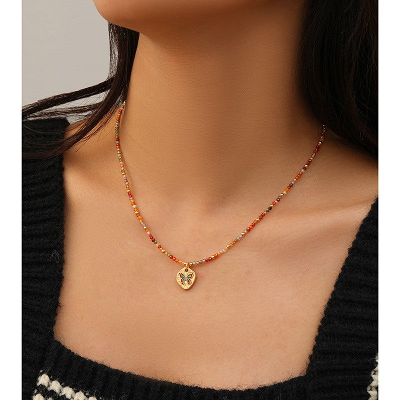 Fashionable and Simple Colorful Dopamine Oil Drop Butterfly Zircon Beaded Necklace Light Luxury High-End Summer Clavicle Chain for Women