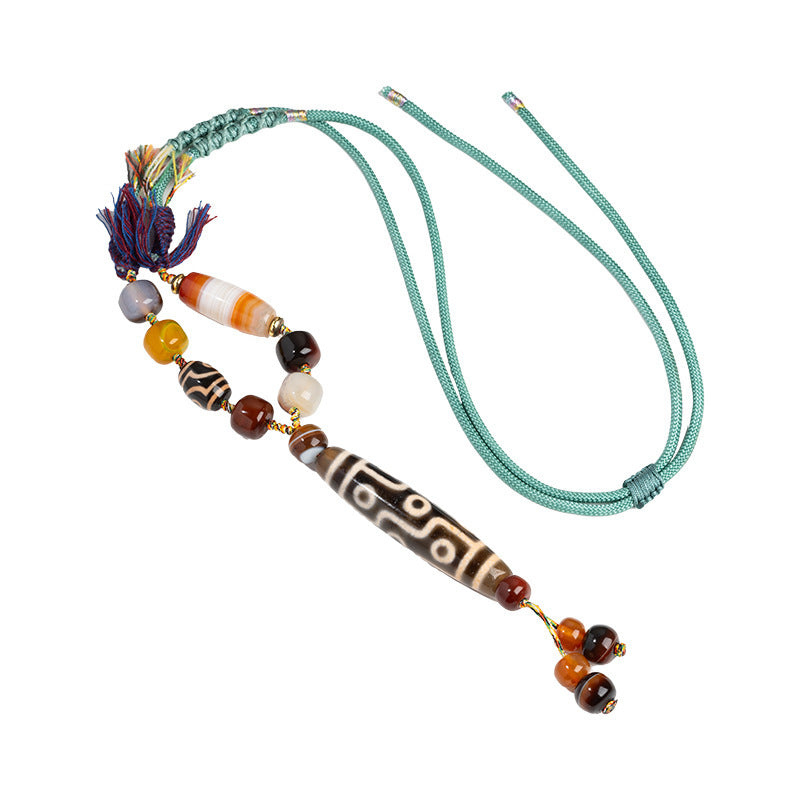 Natural Yellow Nine-Eyed Dzi Bead Necklace, Taiwanese Agate Pendant, Men's and Women's Couple's Braided Necklace, Ready for Sale