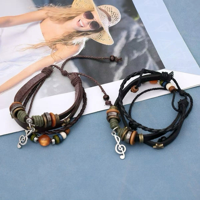 New Chinese Style Braided Leather Star Beaded Note Bracelet Retro Ethnic Style Exotic Stylish Niche Hand Jewelry