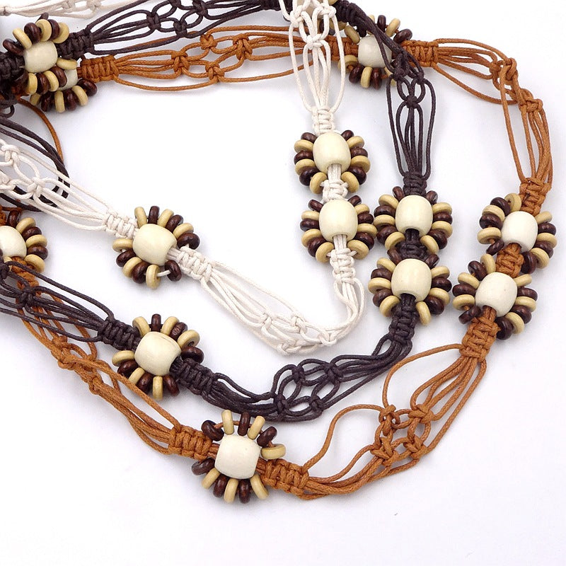 Abacus Wooden Beads Flat Knot Fashion Ethnic Style Women Beaded Belt with Long Dress Bohemian Women Decoration