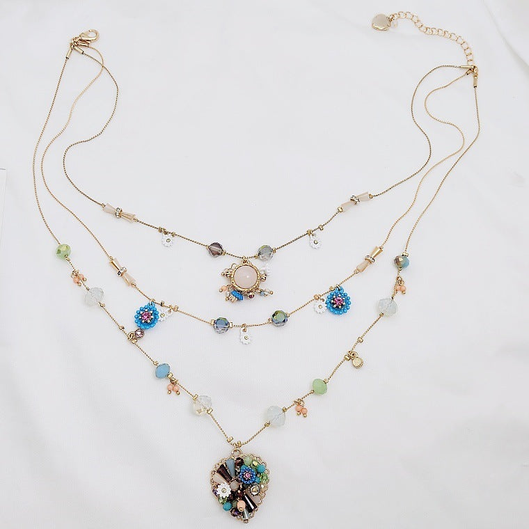 European and American Retro Style Marked Fashionable Design Small Flower Geometric Matchinging Multi-Layered Romantic Fashion Diamond Necklace