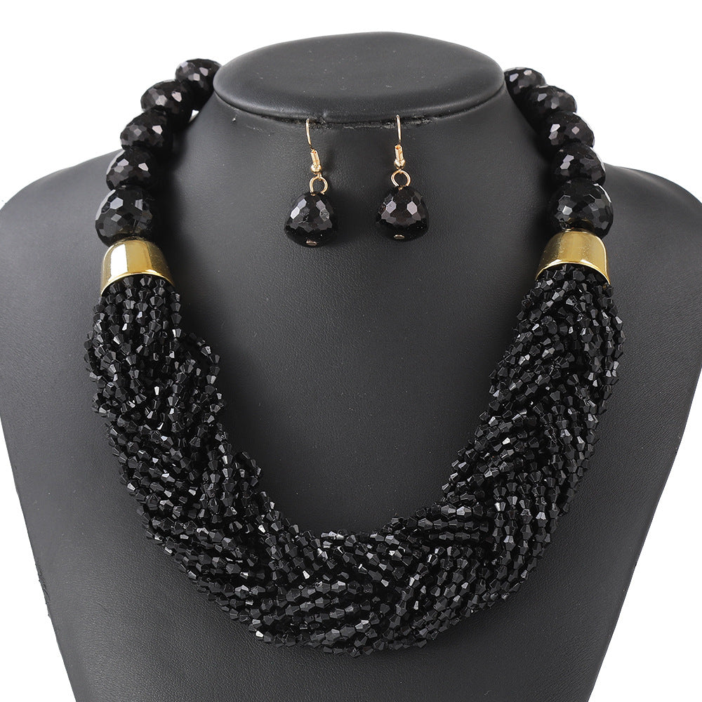 Cross-Border Woven Three-Piece Set of Beaded Rice Beads Multi-Layer Exaggerated Retro Ethnic Style Bohemian Necklace Set for Women