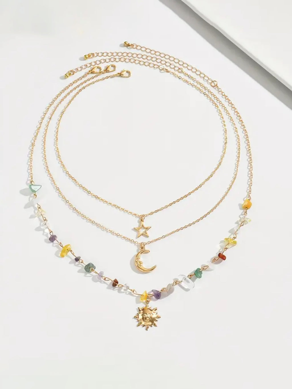 European and American Cross-Border Colorful Asymmetrical Gravel Beaded Necklace for Women, Sweet and Cool Moon and Sun Stacked Neck Necklace Jewelry
