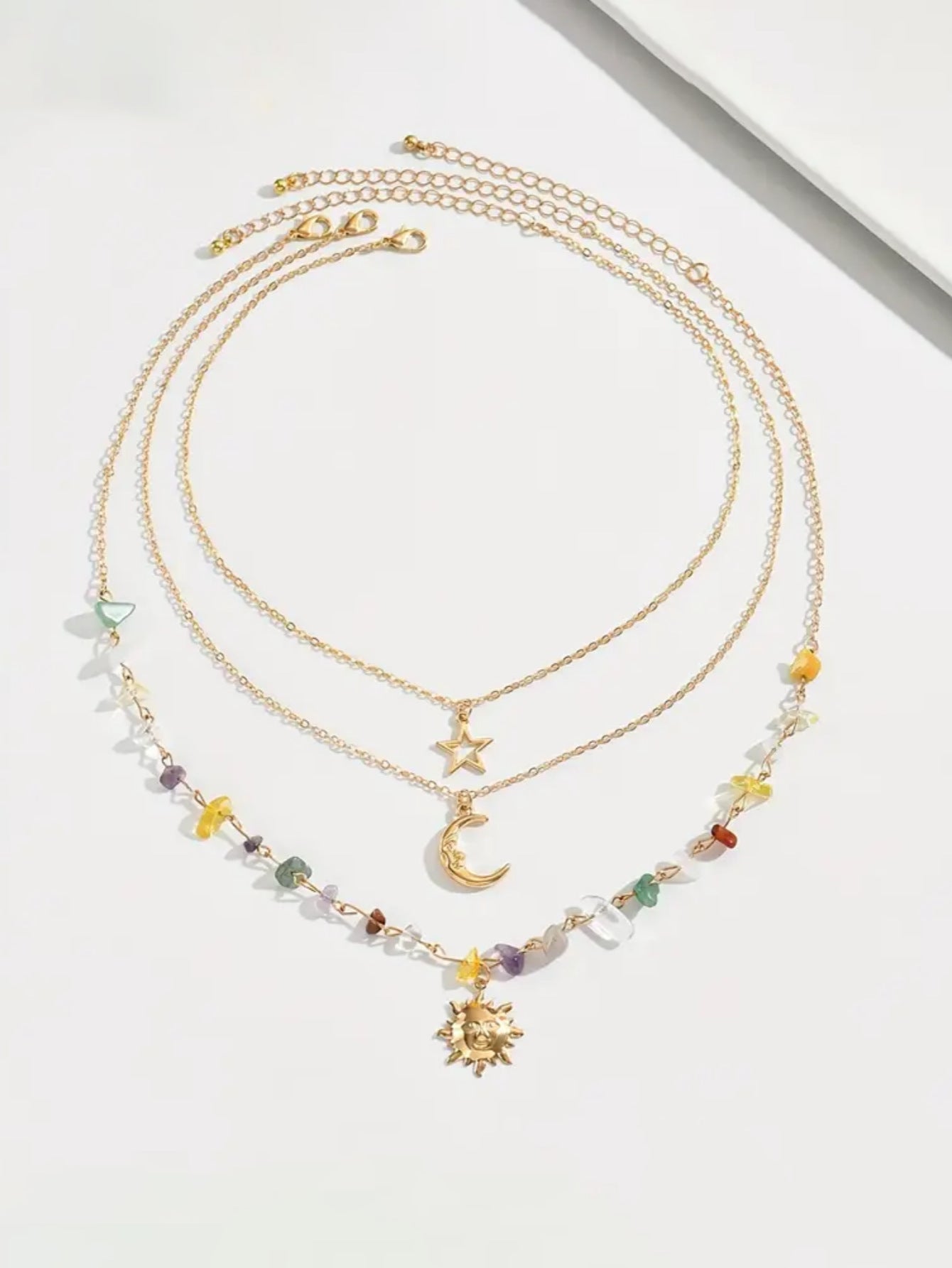 European and American Cross-Border Colorful Asymmetrical Gravel Beaded Necklace for Women, Sweet and Cool Moon and Sun Stacked Neck Necklace Jewelry