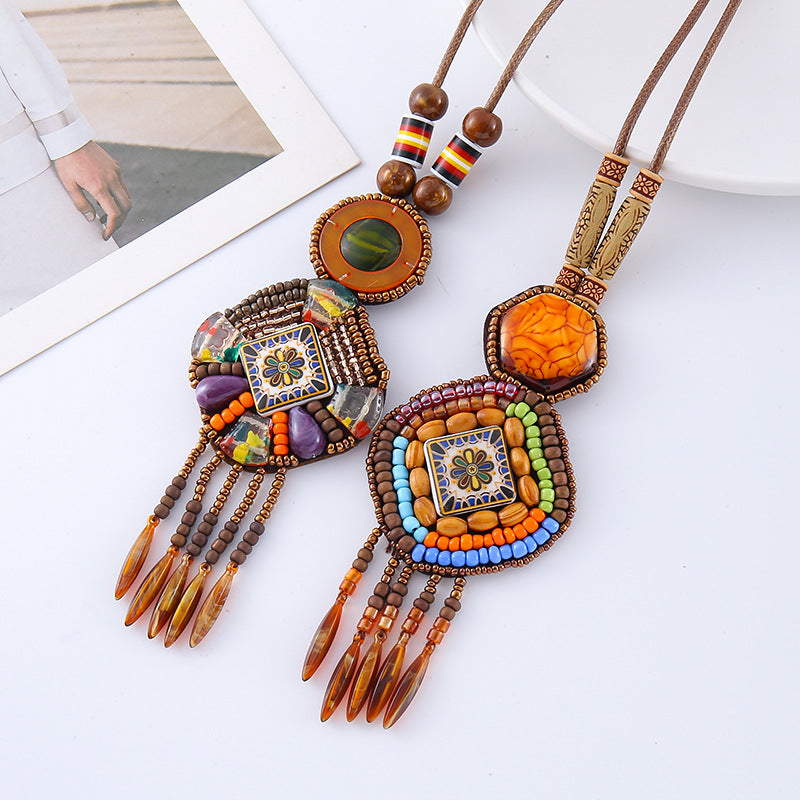 New Chinese-style Beautiful Ethnic Long Woolen Chain Hand-woven Retro Chinese-style Tassel Necklace Pendant