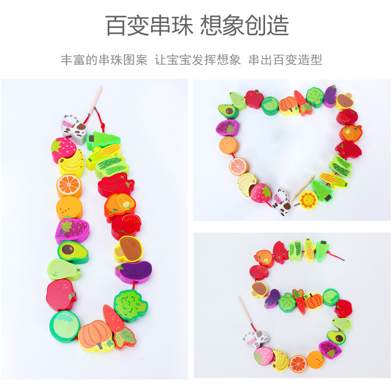 Children's wooden puzzle beaded large particle building block toy animal fruit string beaded puzzle toy 0-3