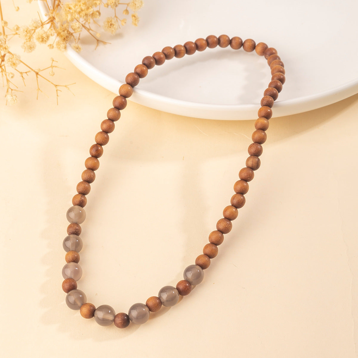 New Chinese Style Natural Gray Agate Sandalwood Bracelet for Girls, Multi-Circle Beaded High-End Wholesale Bracelets for Stalls