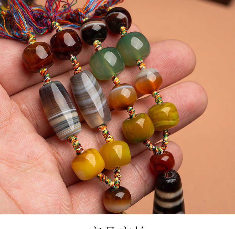 Natural Yellow Nine-Eyed Dzi Bead Necklace, Taiwanese Agate Pendant, Men's and Women's Couple's Braided Necklace, Ready for Sale