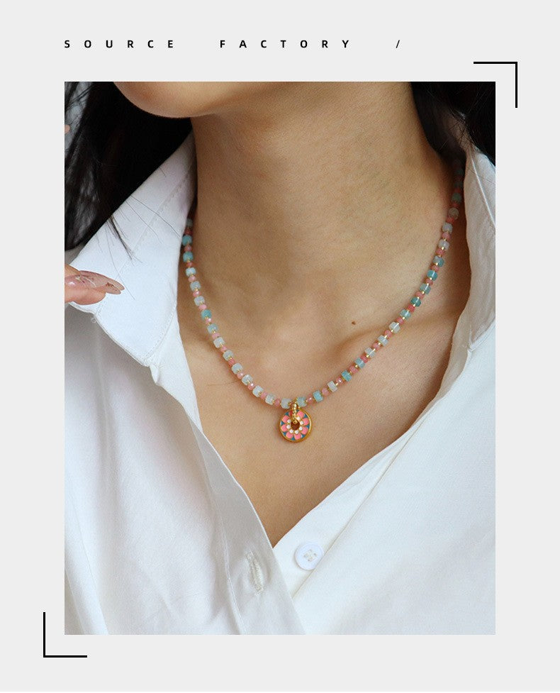 New Chinese Color Oil Dropping Enamel Natural Stone Beaded Necklace Entry Luxury High Fashion Exquisite All-match Clavicle Chain for Women