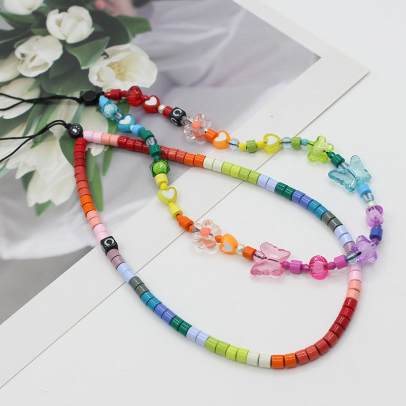 Online popular anti-lost mobile phone chain rainbow mobile phone chain same enamel beads DIY mobile phone lanyard factory direct sales