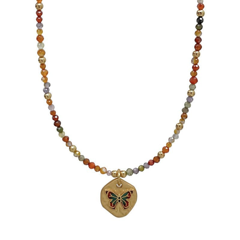 Fashionable and Simple Colorful Dopamine Oil Drop Butterfly Zircon Beaded Necklace Light Luxury High-End Summer Clavicle Chain for Women