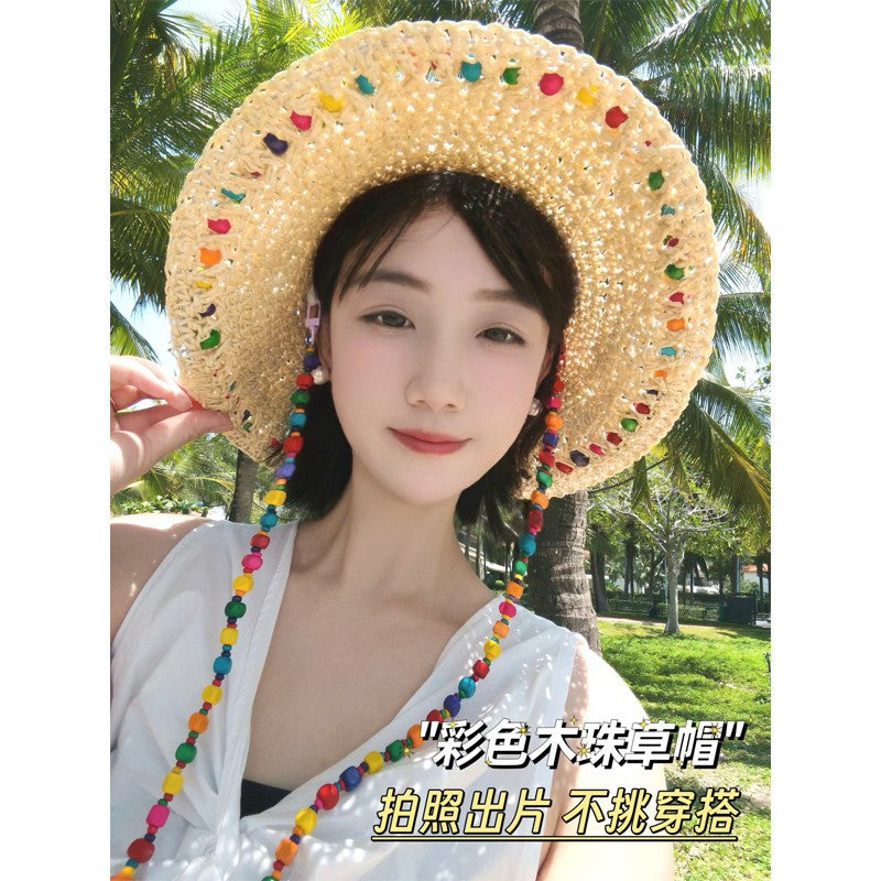 Korean Ins Colorfulful Beaded Straw Fisherman Hat Summer Seaside Vacation Sun Protection Straw Hat Foldableable Hat